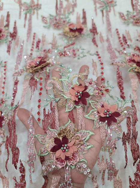 3D Floral Beaded Lace Coral Burgundy