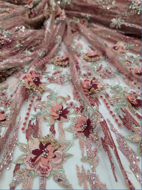 3D Floral Beaded Lace Coral Burgundy