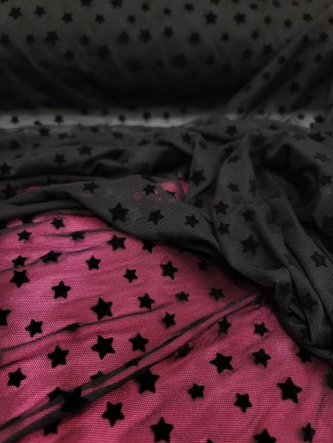 Stretch Lace Black Velvet Stars Fabric