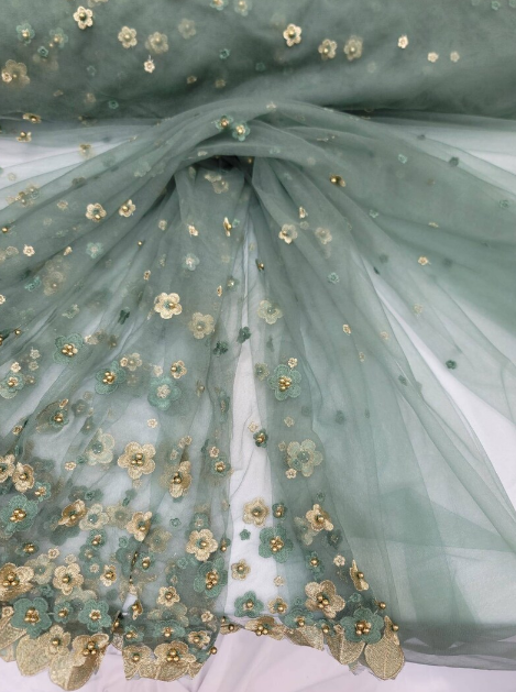 3D Gold Floral Lace Embroidery Sage
