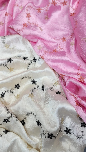 Embroidered Taffeta Floral Ivory Pink
