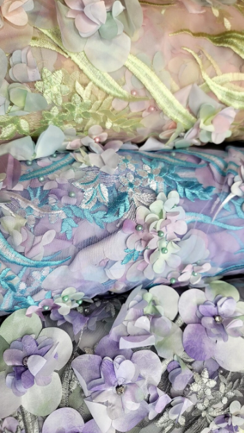 Beaded 3D Floral Lace on Mesh