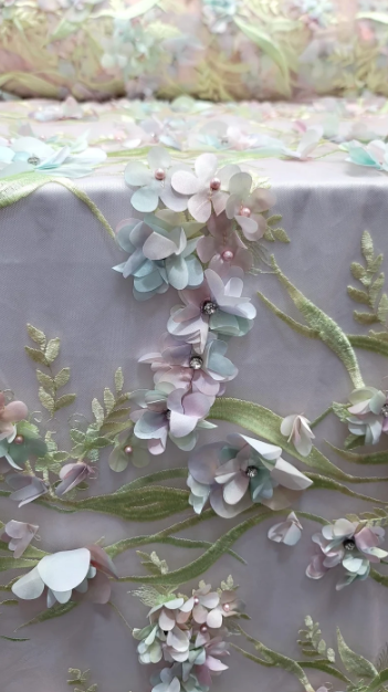 Beaded 3D Floral Lace on Mesh
