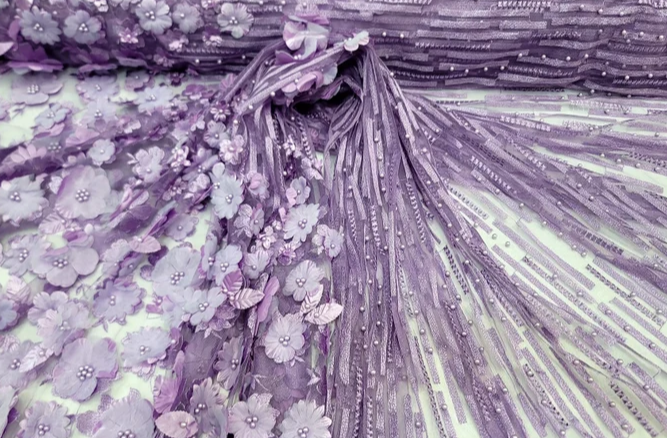 3D Floral Lavender Embroidery Pearl Mesh Lace