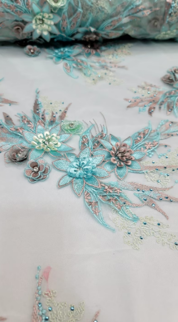 3D Floral Lace Embroidery Rhinestones Mint