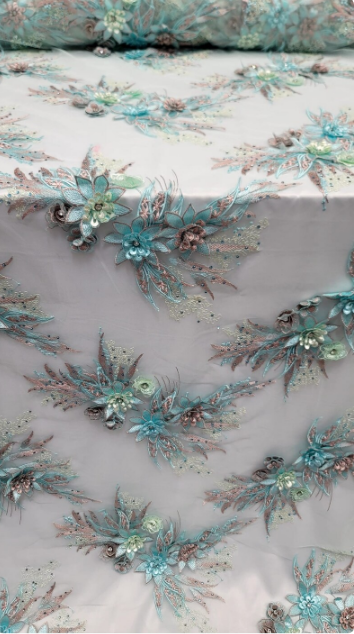 3D Floral Lace Embroidery Rhinestones Mint