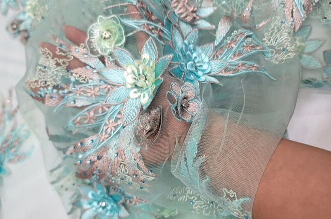 3D Floral Lace Embroidery Rhinestones Mint