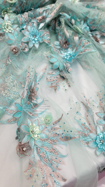3D Floral Lace Embroidery Rhinestones Mint