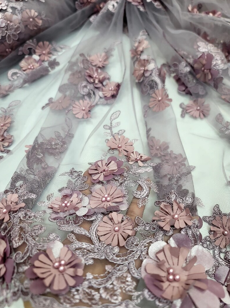 3D Floral Lace Embroidered Pearls Mesh Coral