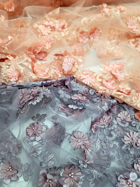 3D Floral Lace Embroidered Pearls Mesh Coral