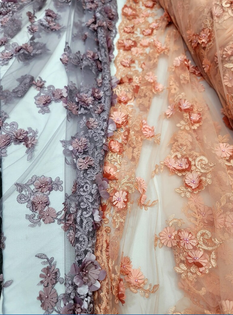 3D Floral Lace Embroidered Pearls Mesh Coral