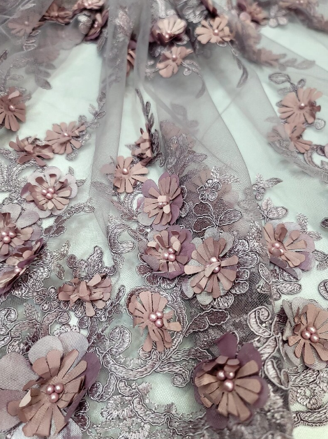3D Floral Lace Embroidered Pearls Mesh Coral
