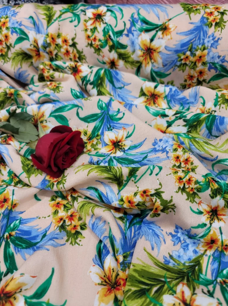 Rayon Challis Floral Print Beige