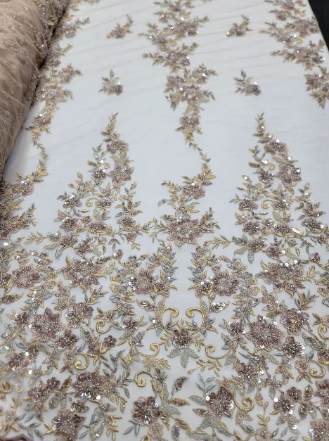 Beaded Floral Lace Fabric Gold Mauve