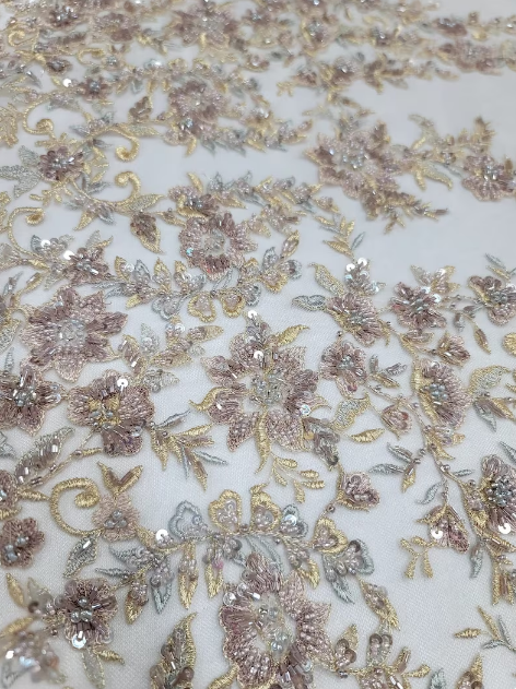 Beaded Floral Lace Fabric Gold Mauve