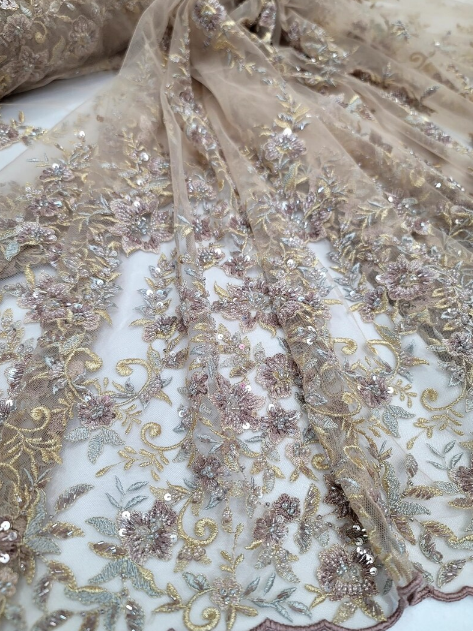 Beaded Floral Lace Fabric Gold Mauve