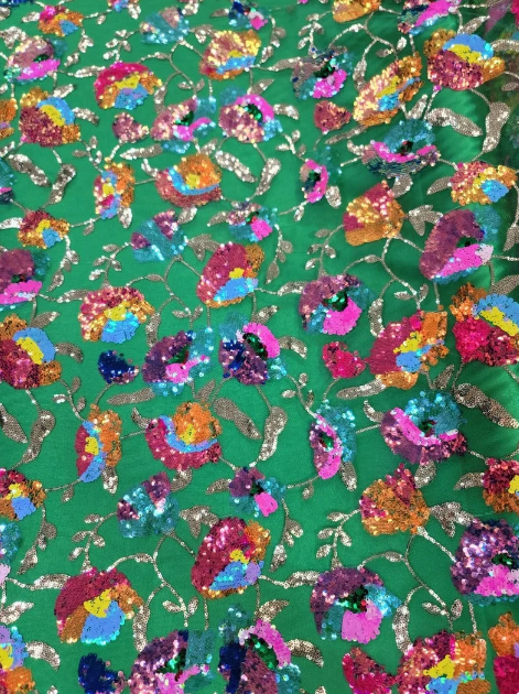 Sequin Floral Lace Embroidery on Green Mesh