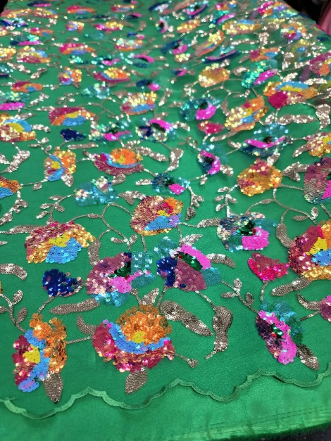 Sequin Floral Lace Embroidery on Green Mesh