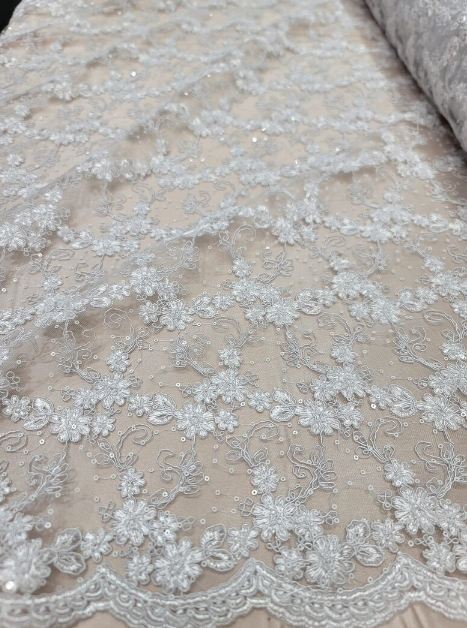 Embroidered Sequin Lace on Mesh White