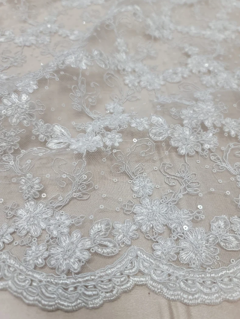 Embroidered Sequin Lace on Mesh White