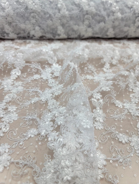 Embroidered Sequin Lace on Mesh White