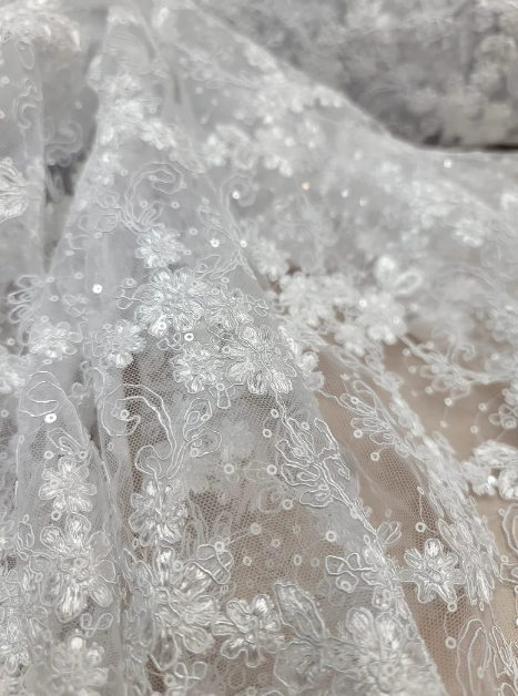 Embroidered Sequin Lace on Mesh White