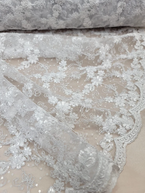 Embroidered Sequin Lace on Mesh White