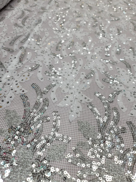 Embroidered Sequin Lace Fabric White Silver