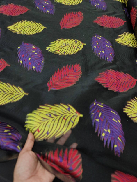 Brocade Organza Fabric Multicolor Leaves on Black
