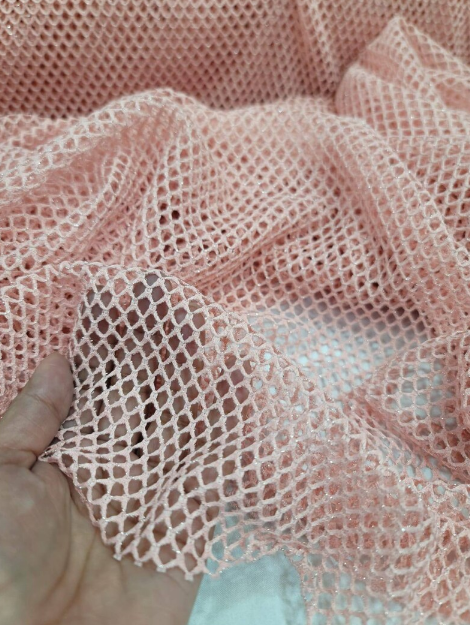 Embroidered Fish Net Silver Mylar Fabric Blush Pink