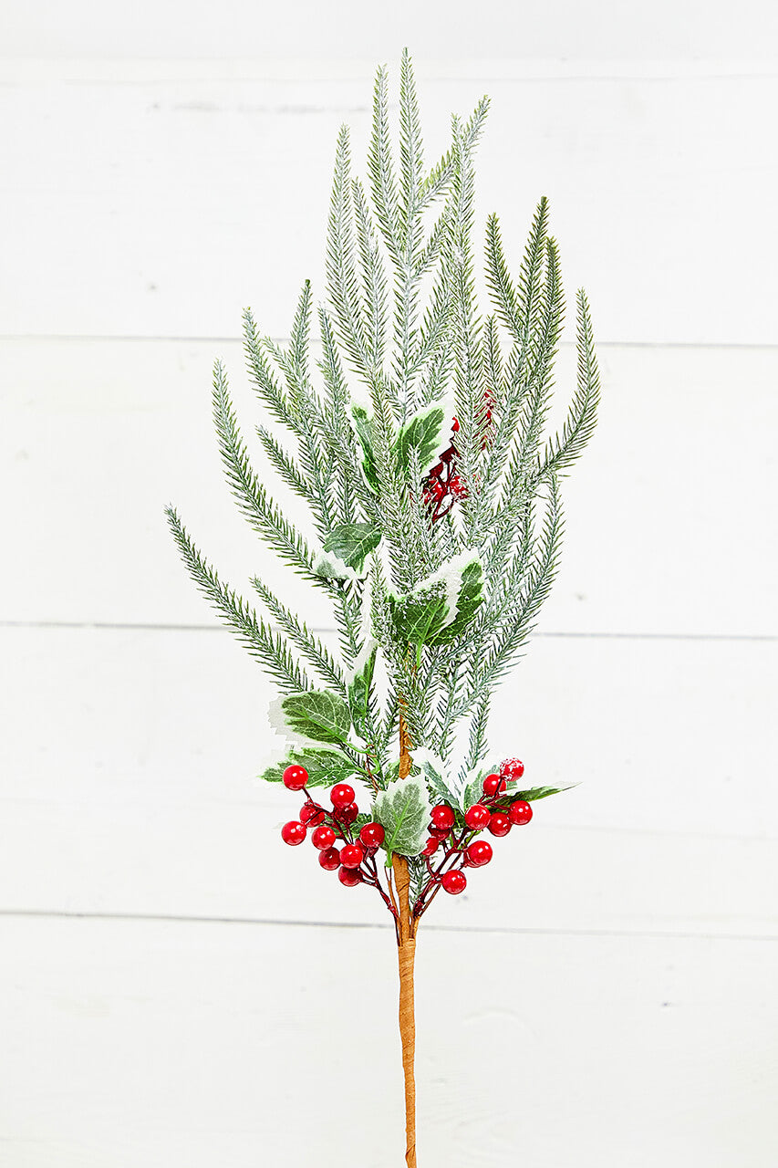 27" Snow Pine Berry Spray