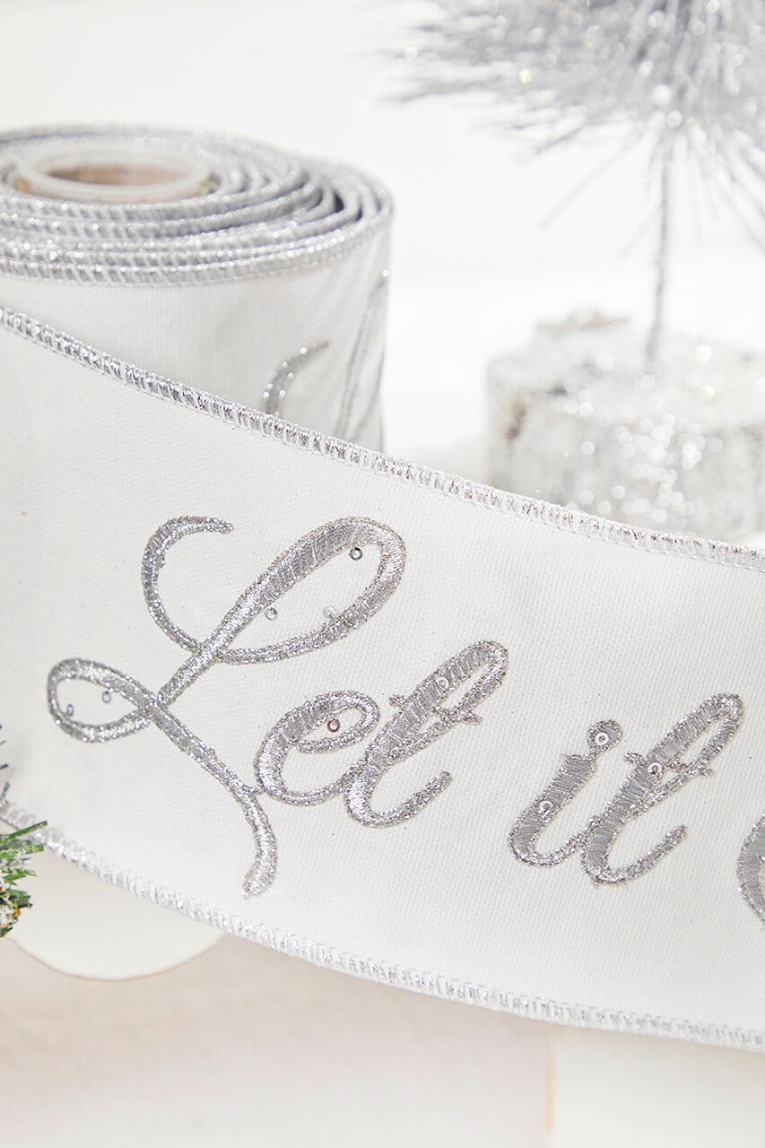 4" x 5 Yard Let It Snow White Embroidered Ribbon