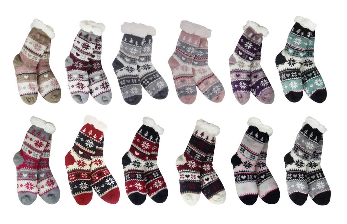 Snowflake, Tree & Heart Knit Thermal Slipper Socks with Non-Slip Grippers
