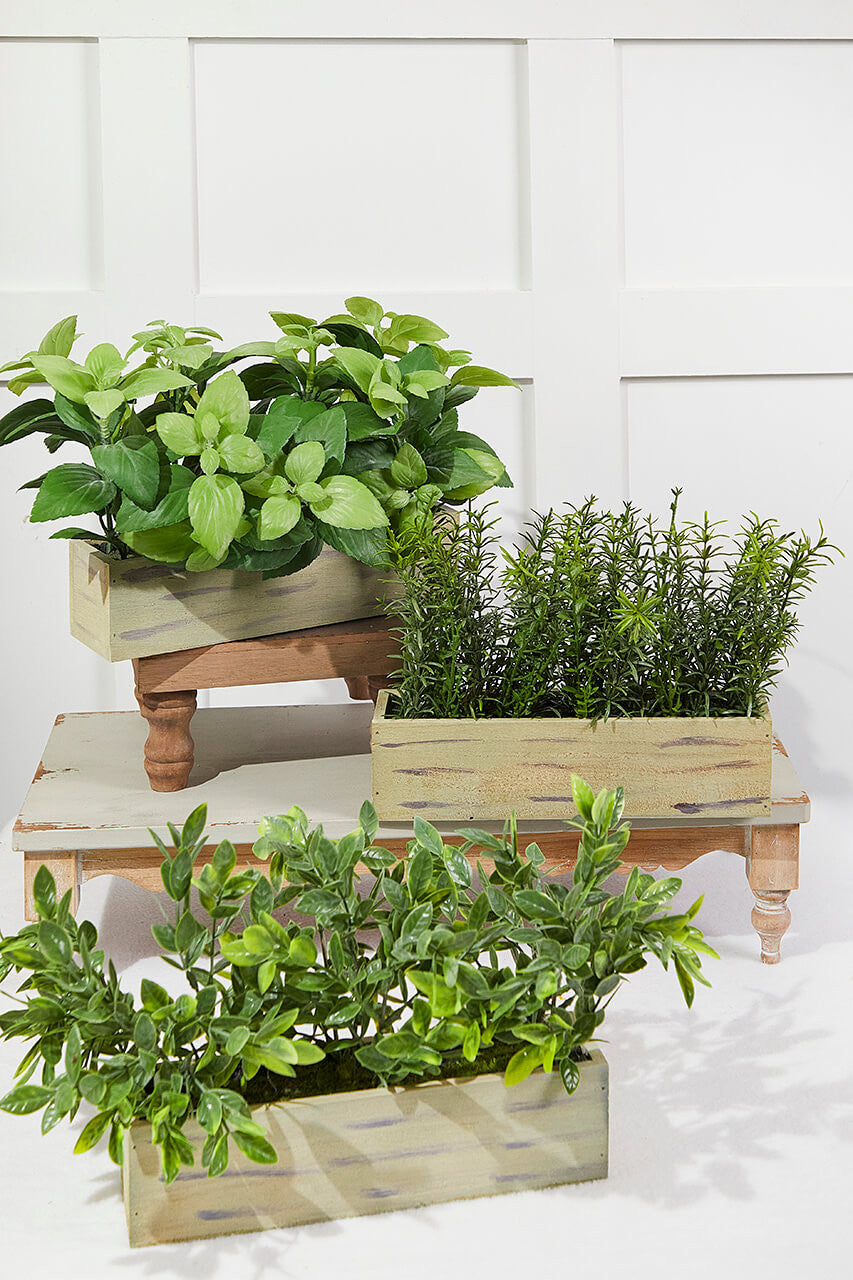 11 InchPlastic Herbs in Wooden Box Decorative Artificial Greenery Arrangement