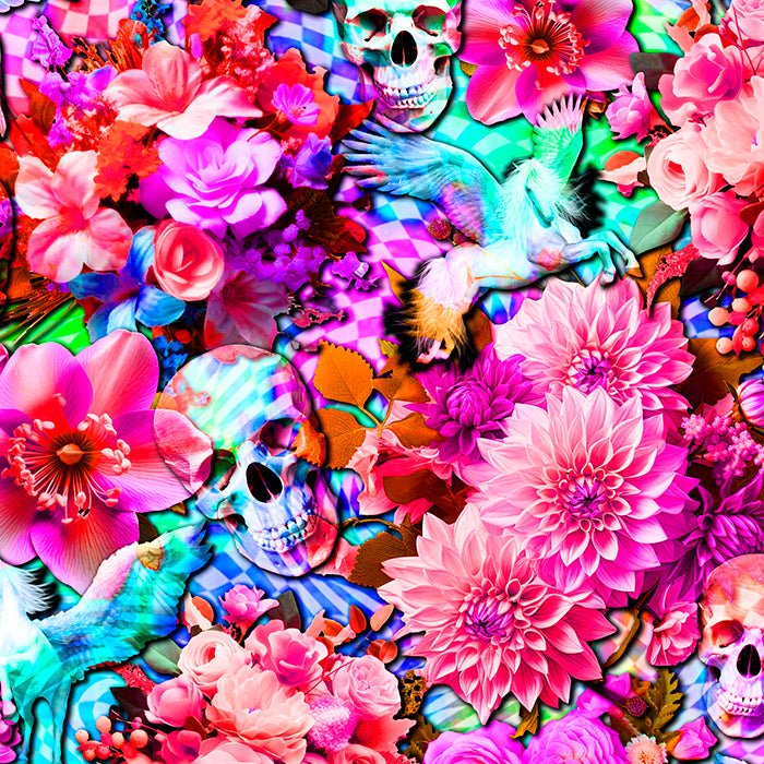 Printed Spandex Flower Skulls & Pegasus