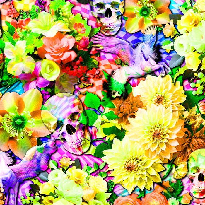 Printed Spandex Flower Skulls & Pegasus