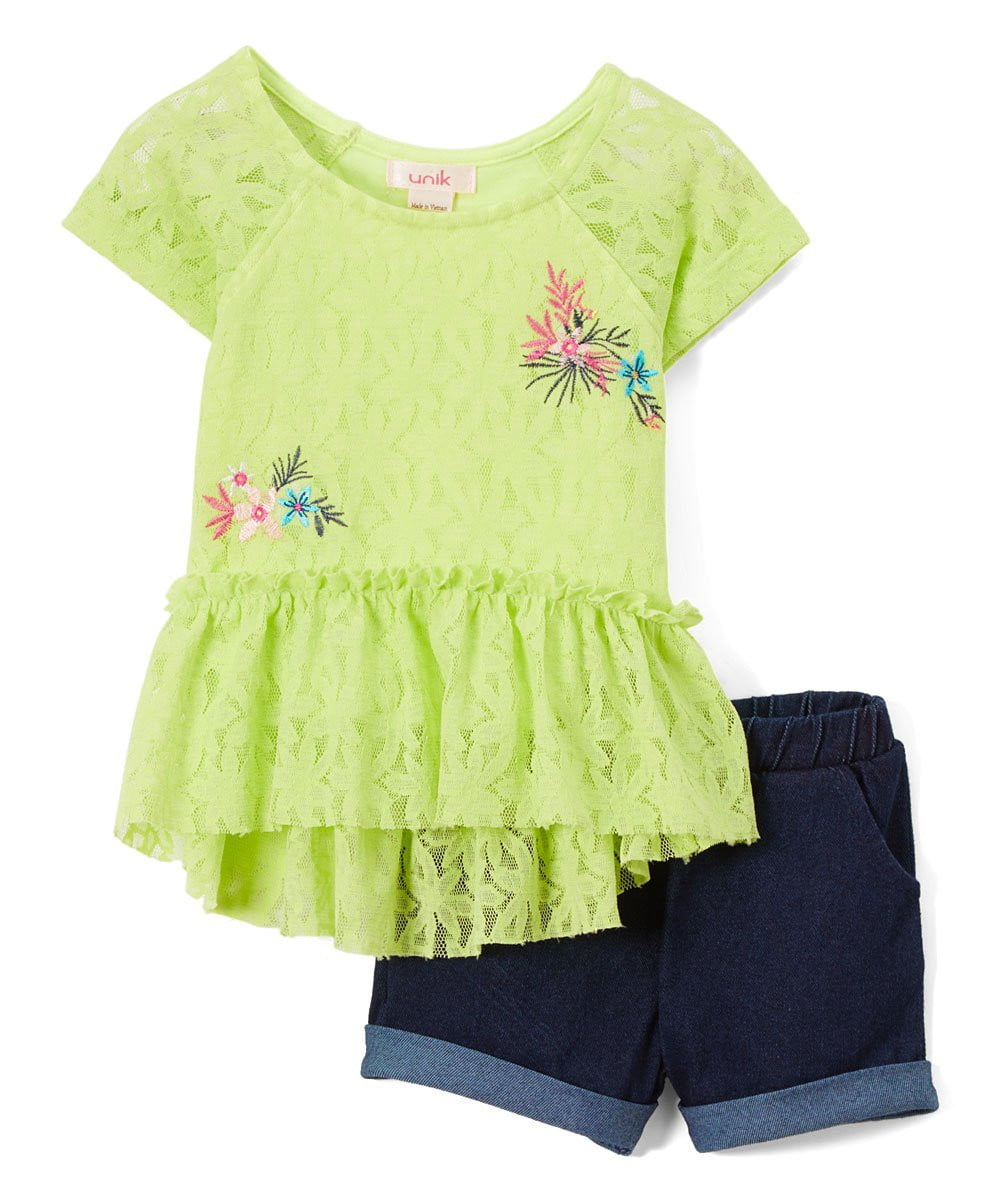 Lace Shirt Set Cotton Fabric - Floral Lace, Aqua, Lime, Pink, Sizes 2-4 (1 Set)