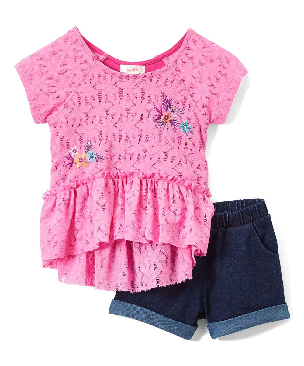 Lace Shirt Set Cotton Fabric - Floral Lace, Aqua, Lime, Pink, Sizes 2-4 (1 Set)