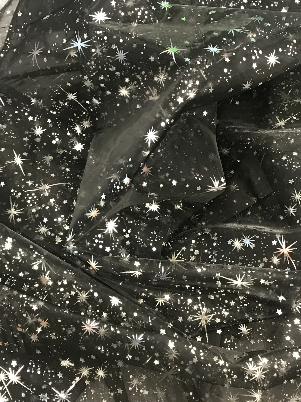 Black/Silver Stars Polyester Fabric - Metallic Silver Foil Star Stamped Sheer Organza, Black/Silver, 58/60" Width