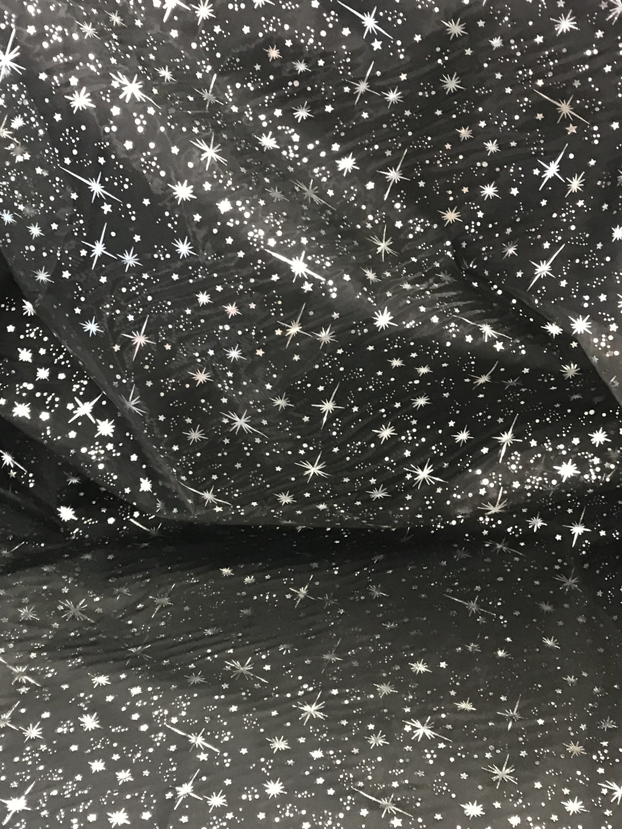 Black/Silver Stars Polyester Fabric - Metallic Silver Foil Star Stamped Sheer Organza, Black/Silver, 58/60" Width