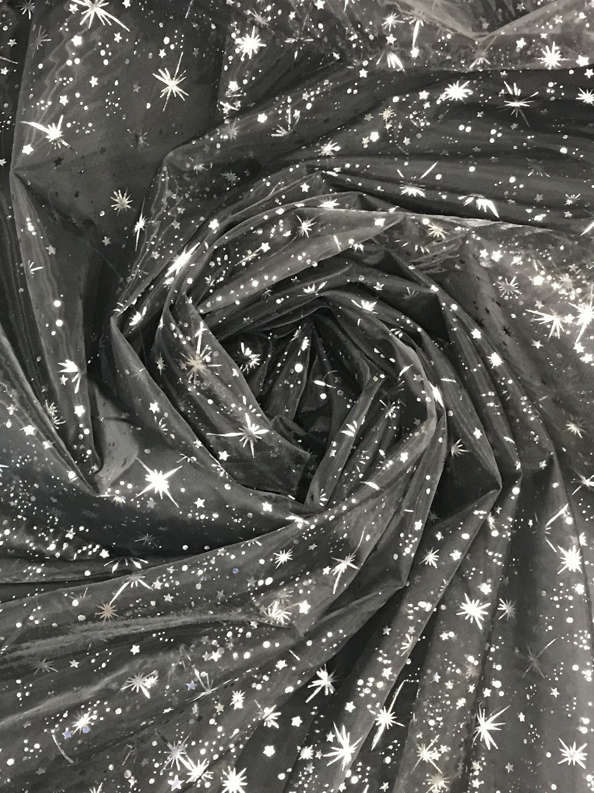 Black/Silver Stars Polyester Fabric - Metallic Silver Foil Star Stamped Sheer Organza, Black/Silver, 58/60" Width