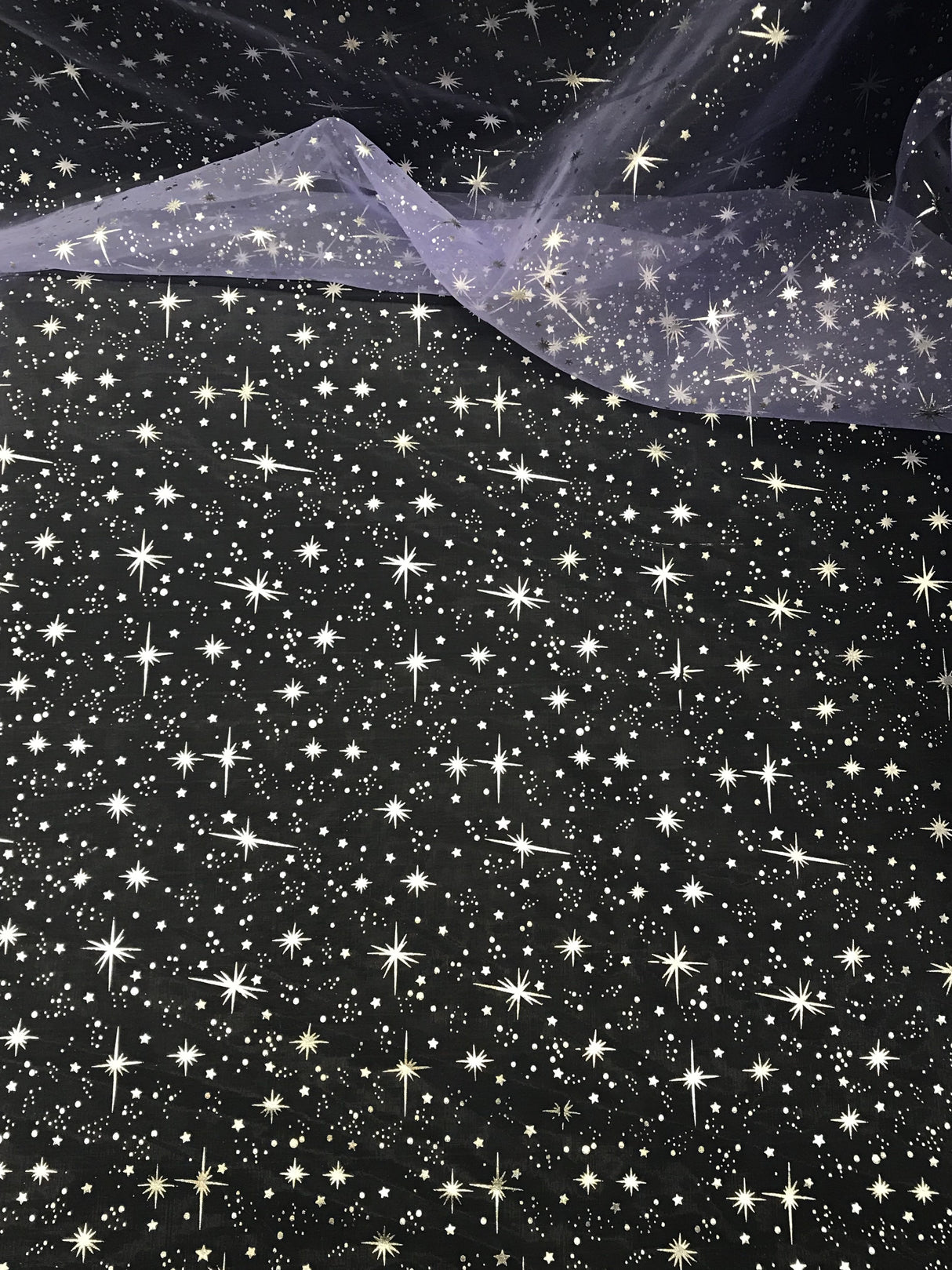 Lilac/Silver Stars Polyester Organza Fabric - Metallic Silver Foil Star Stamped, Lilac/Silver, 58/60" Width