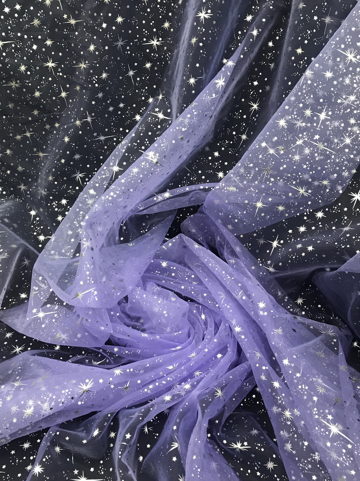 Lilac/Silver Stars Polyester Organza Fabric - Metallic Silver Foil Star Stamped, Lilac/Silver, 58/60" Width