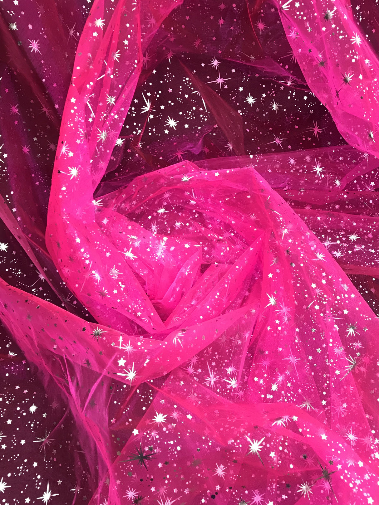 Neon Pink/Silver Stars Polyester Organza Fabric - Metallic Silver Foil Star Print, 58/60" Width