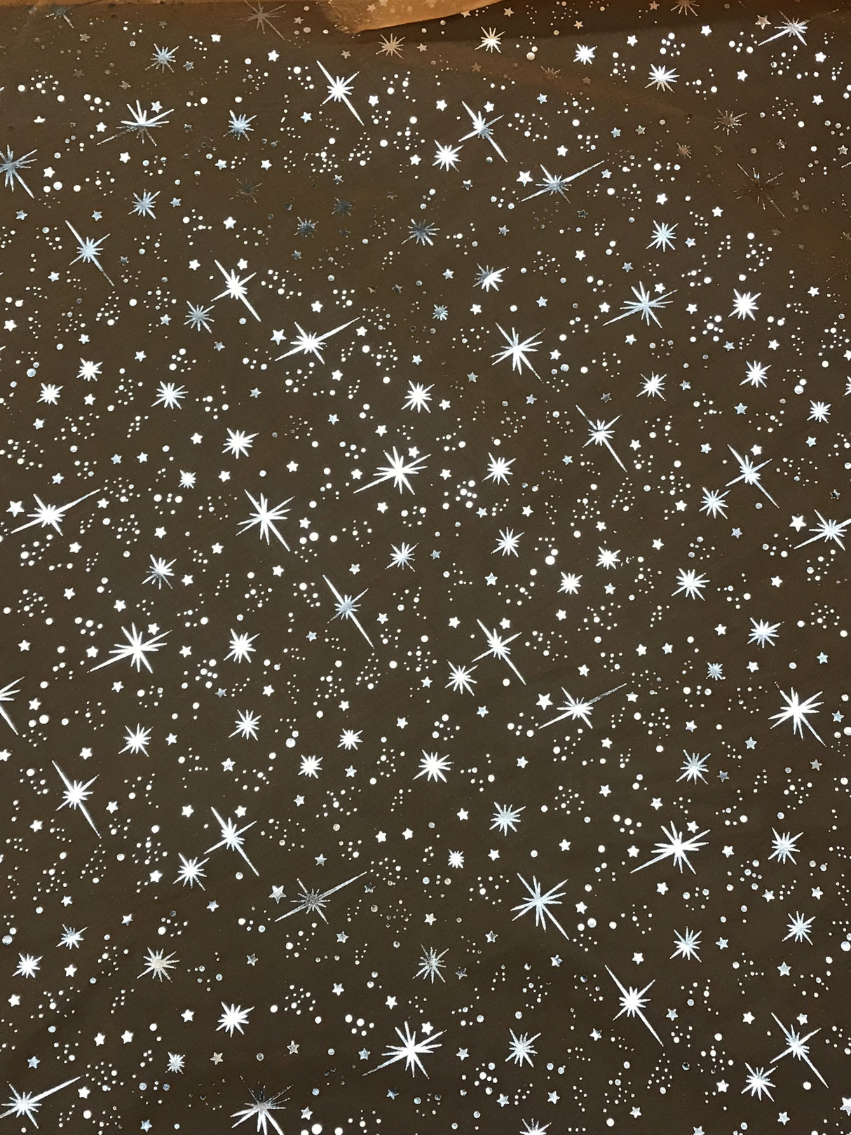 Orange/Silver Stars Polyester Organza Fabric - Metallic Silver Foil Star Print, Orange/Silver, 58/60" Width