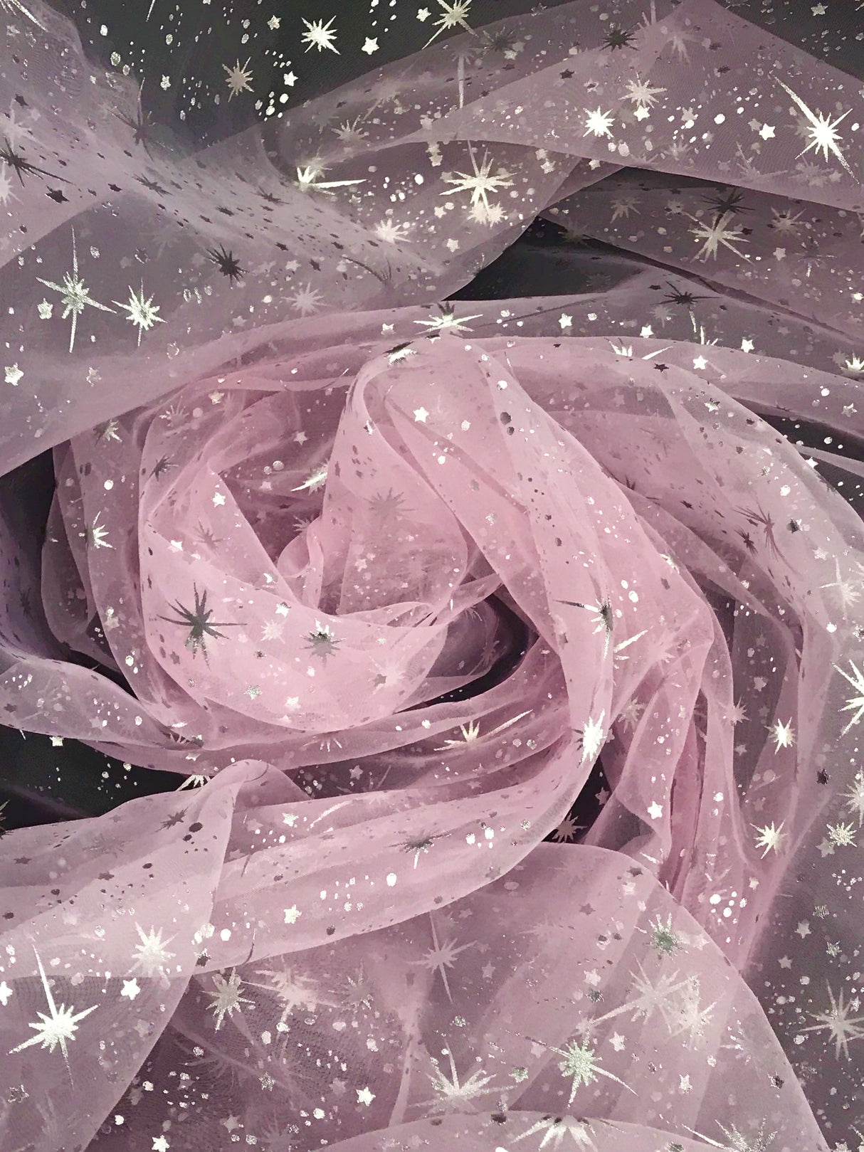 Pink/Silver Stars Polyester Organza Fabric - Metallic Silver Foil Star Print, Pink/Silver, 58/60" Width