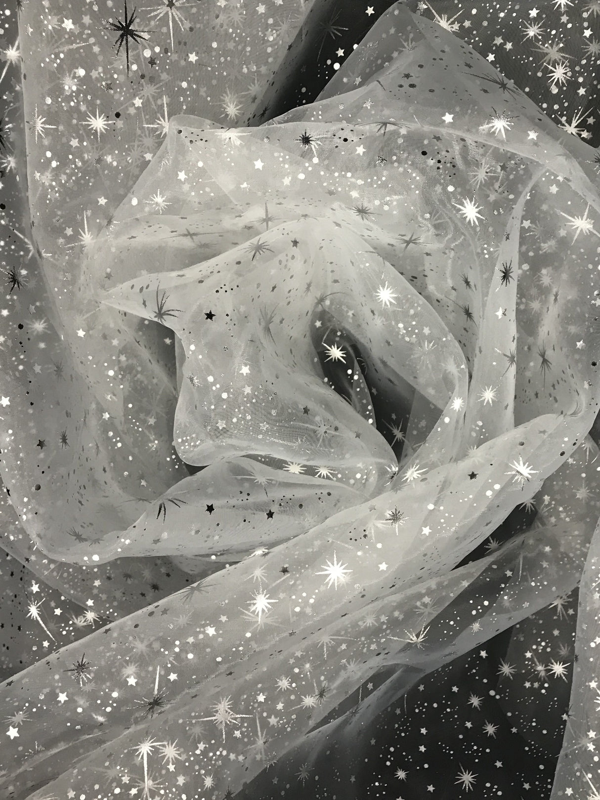 White/Silver Stars Polyester Fabric - Metallic Silver Foil Star Stamped Sheer Organza, White/Silver, 58/60" Width
