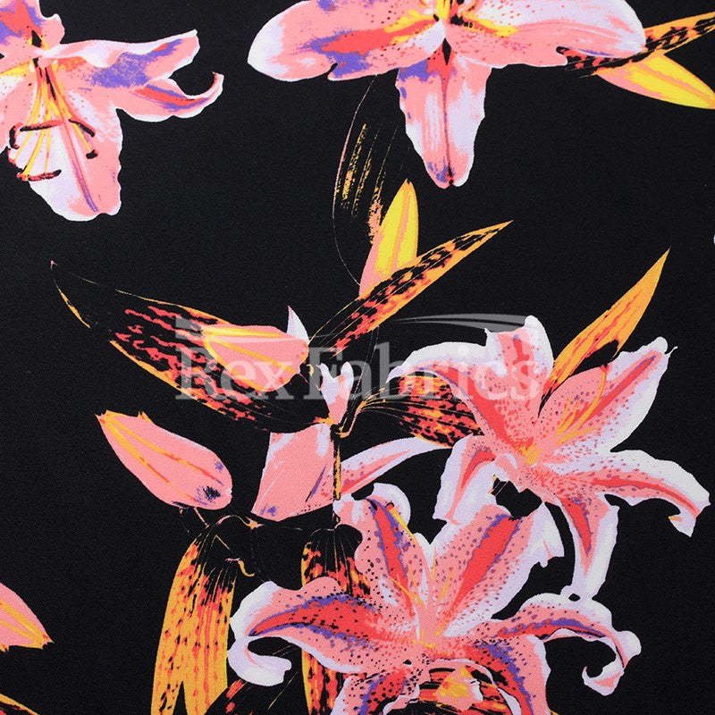 Stargazer Nylon Spandex Fabric - Black Coral Or Smokey Teal Lilium Floral, 58/60" Width (1 Yard)