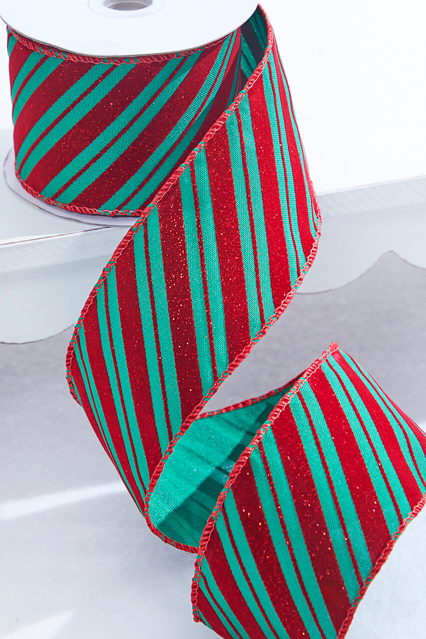 2.5" x 10 Yard Green With Red Glitter Diagonal Stripe Wired Ribbon