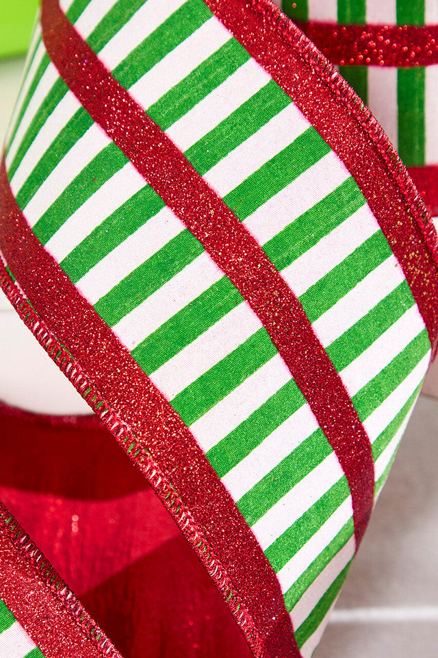 4 Inch x 10 Yard Green and White Striped Wired Christmas Ribbon with Red Glitter Holiday Bow Wreath Tree Gift Wrapping Decor